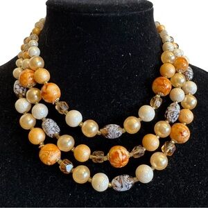 Vintage Glass Faux Pearl Necklace Japan Tan Brown Orange Multistrand Tiered